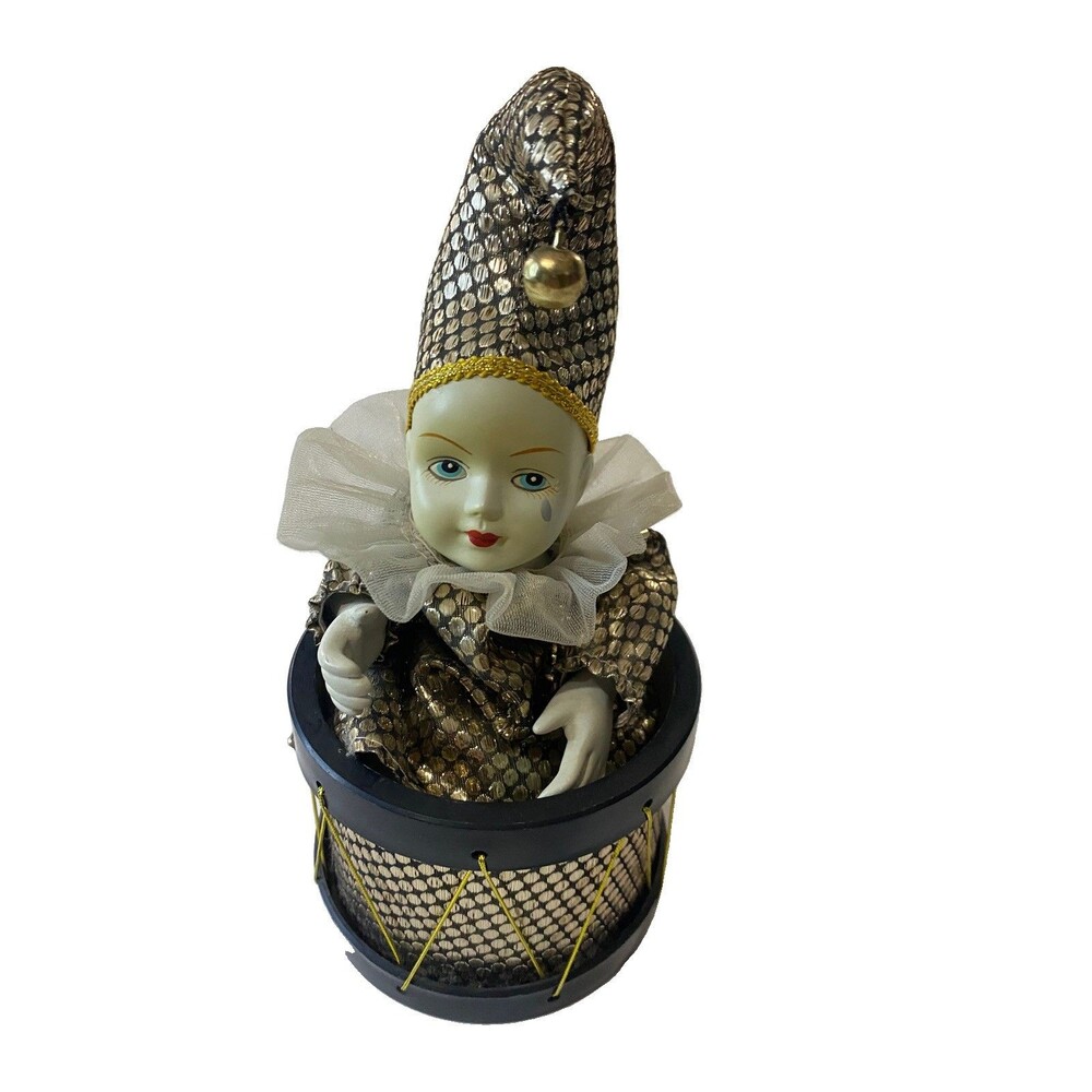 VTG 80s, 90s Porcelain Pierrot Jester Doll Music Box Gold Black Drum Harlequin